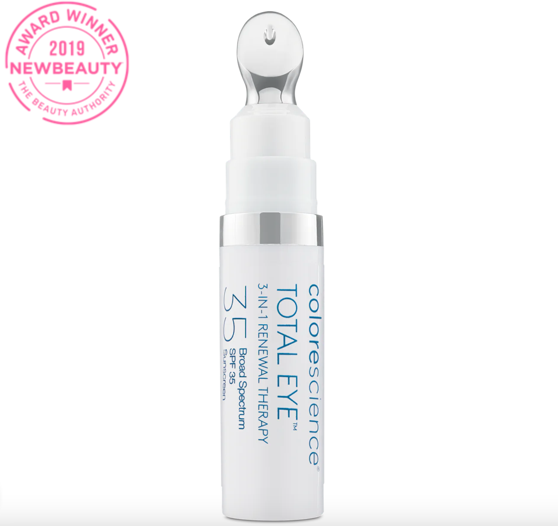 COLORESCIENCE TOTAL EYE® 3-IN-1 RENEVAL THERAPY SPF 35 - Mineraalimeikki aurinkosuojalla. Fysikaalinen aurinkosuoja. Tummat silmänaluset. Colorescience®  Sunforgettable® total protection™ face shield SPF 50 · Sunforgettable® total protection™ brush-on shield