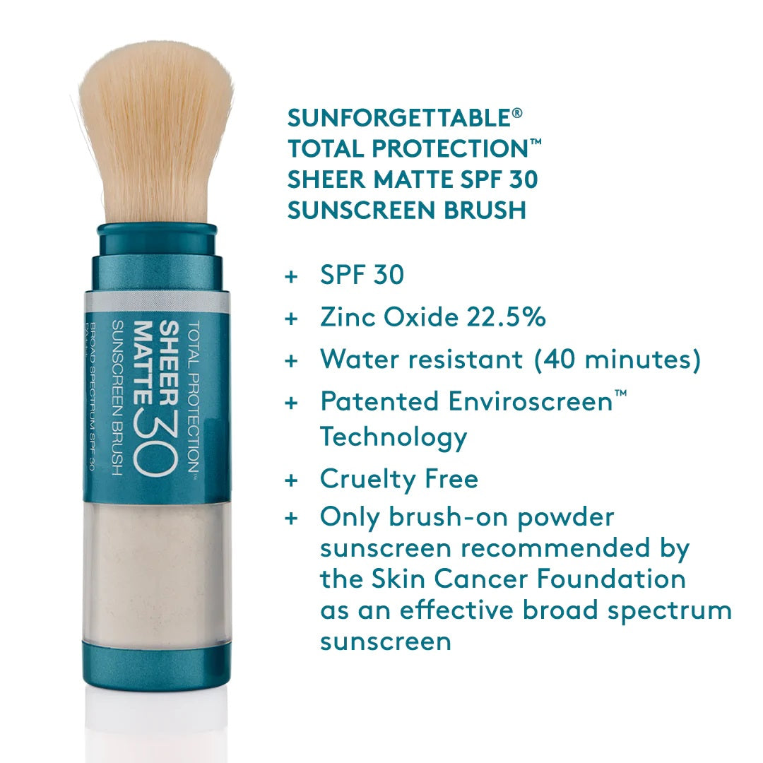 COLORESCIENCE SUNFORGETTABLE® TOTAL PROTECTION™ SHEER MATTE SPF 30 SUNSCREEN BRUSH. Mineraalimeikki. Fysikaalinen aurinkosuoja. Colorescience®  Sunforgettable® total protection™ face shield SPF 50 · Sunforgettable® total protection™ brush-on shield