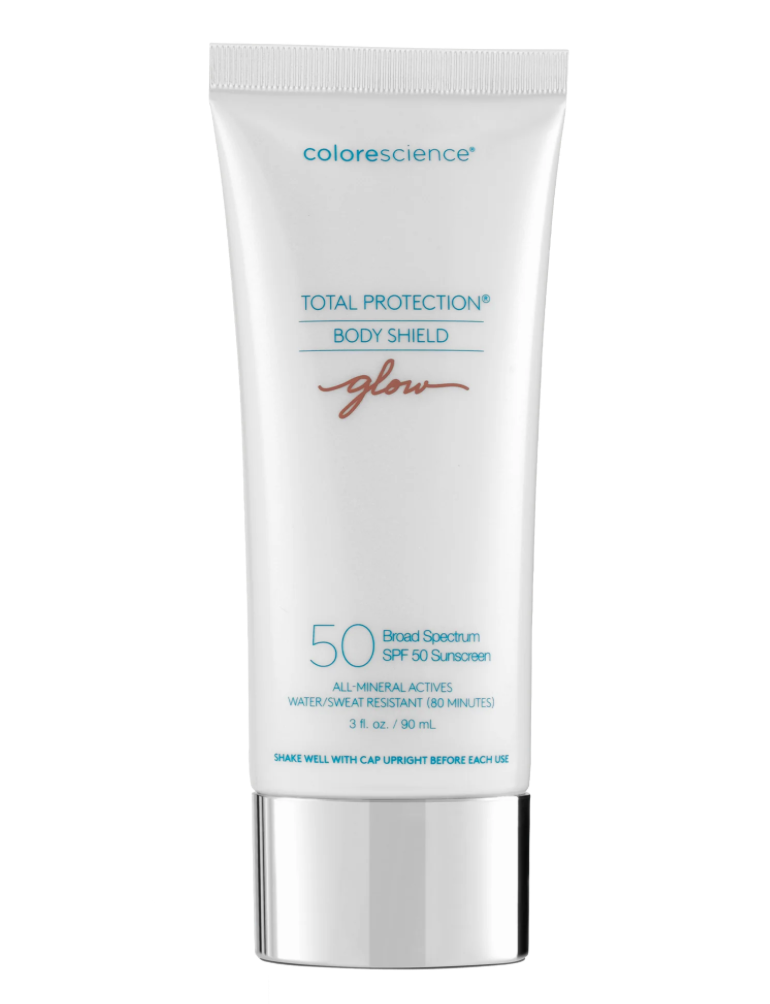 COLORESCIENCE TOTAL PROTECTION™ BODY SHIELD SPF50 GLOW - Mineraaliaurinkovoide vartalolle helmiäishohdon kera – iholle, joka sekä hehkuu että on suojattu. Erittäin kevyt ja kosteuttava. Aurinkosuoja.