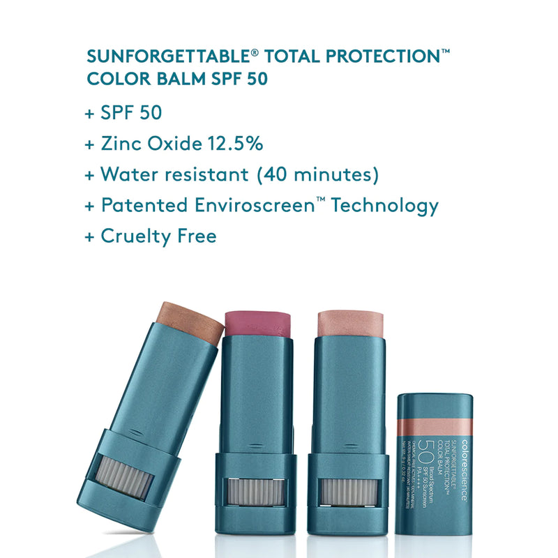 COLORESCIENCE SUNFORGETTABLE® TOTAL PROTECTION™ COLOR BALM SPF 50 - Suojaa ja kosteuta huulia, poskia ja silmäluomea värikkäällä värillä.