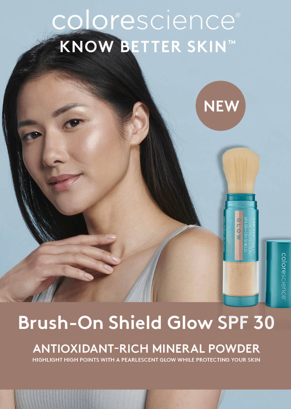 COLORESCIENCE SUNFORGETTABLE® TOTAL PROTECTION™  BRUSH - ON SHIELD GLOW SPF 30 - Tarjoaa ympäristönsuojan UVA/UVB-säteilyä, saasteita, sinistä valoa ja infrapunasäteilyä vastaan.