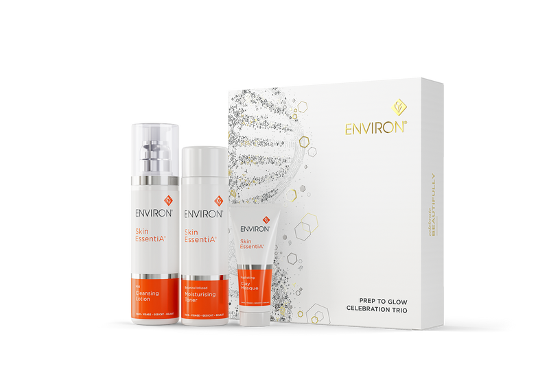 ENVIRON HOLIDAY GIFTING COLLECTION - PREP TO GLOW CELEBRATION TRIO. Kasvopuhdistus. Kasvomaito. Kasvovesi. Lahjapakkaus