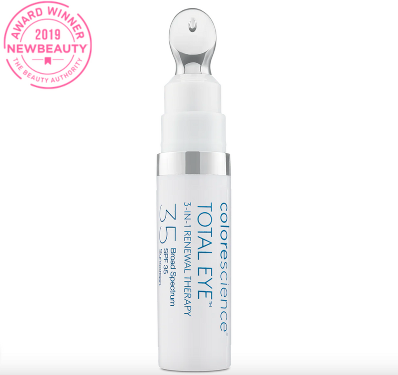 COLORESCIENCE TOTAL EYE® 3-IN-1 RENEVAL THERAPY SPF 35 - Mineraalimeikki aurinkosuojalla. Fysikaalinen aurinkosuoja. Tummat silmänaluset. Colorescience®  Sunforgettable® total protection™ face shield SPF 50 · Sunforgettable® total protection™ brush-on shield