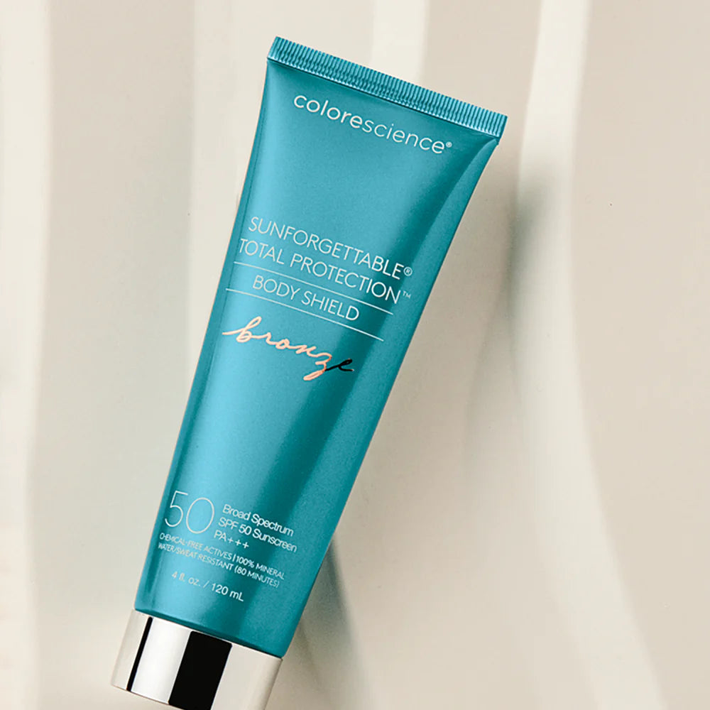 COLORESCIENCE SUNFORGETTABLE® TOTAL PROTECTION™ BODY SHIELD BRONZE SPF 50. Aurinkosuoja vartalolle. Fysikaalinen aurinkosuoja.Colorescience®  Sunforgettable® total protection™ face shield SPF 50 · Sunforgettable® total protection™ brush-on shield