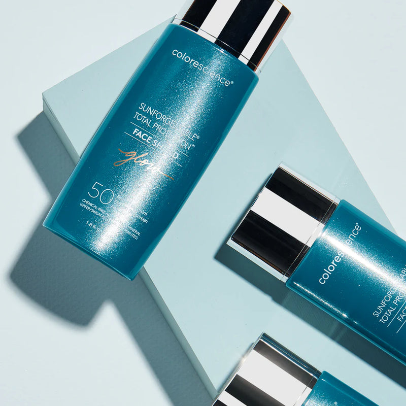 COLORESCIENCE FACE SHIELD GLOW SPF 50 - Helmiäinen hehku ja raikkaus. Mineraalimeikki. Fysikaalinen aurinkosuoja. Colorescience®  Sunforgettable® total protection™ face shield SPF 50 · Sunforgettable® total protection™ brush-on shield