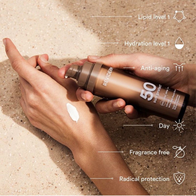 REVIDERM SUN PROTECT SPF +50 50ml - Anti-age aurinkovoide kasvoille. Kevyt koostumus, vedenkestävä ja tuoksuton. Vedenkestävä aurinkovoide. Herkän ihon aurinkovoide.